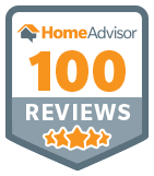 100reviews-solid-border Shield-shaped badge with the HomeAdvisor logo, "100 Reviews" text, and five stars below.